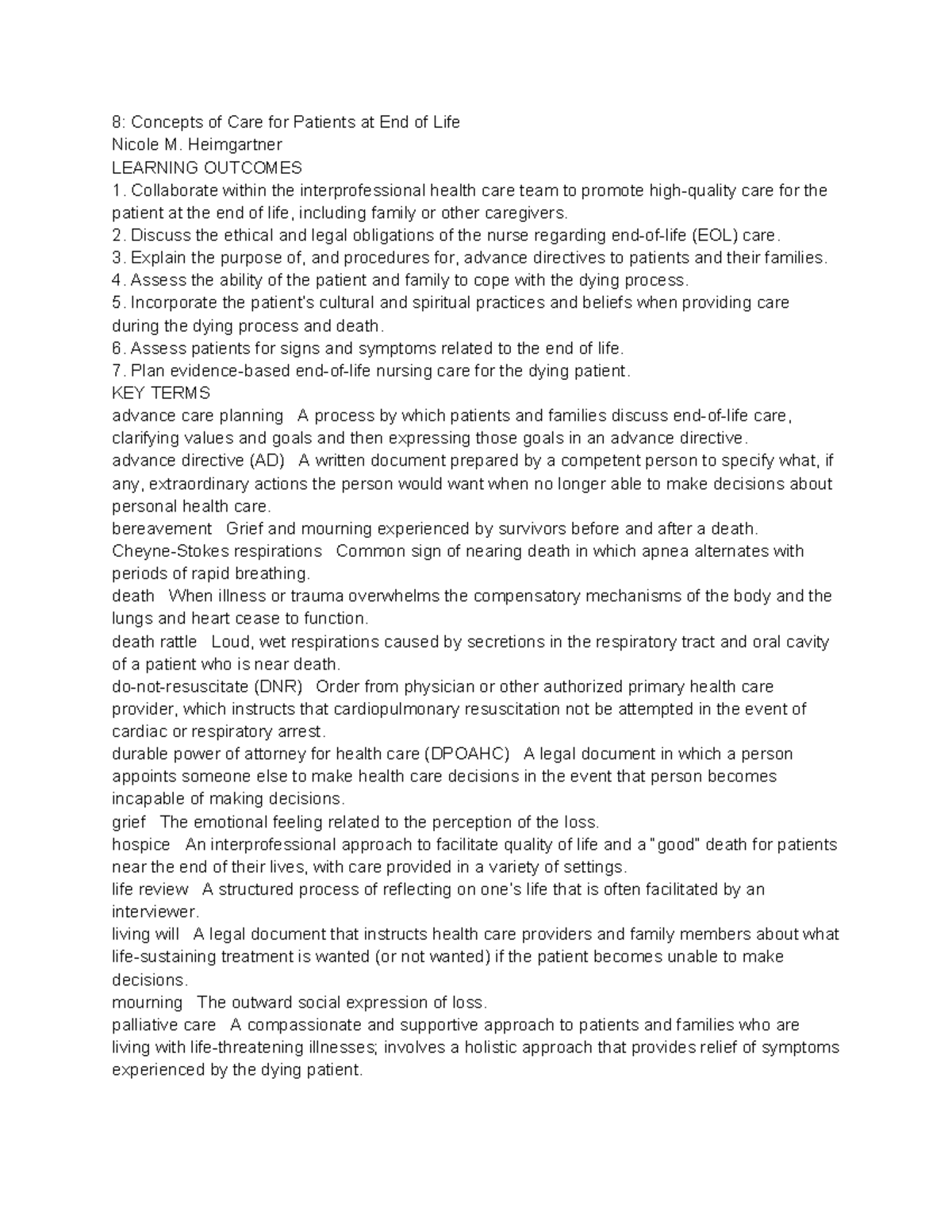 Chp 8: End of Life Care Concepts and Nursing Interventions - Studocu