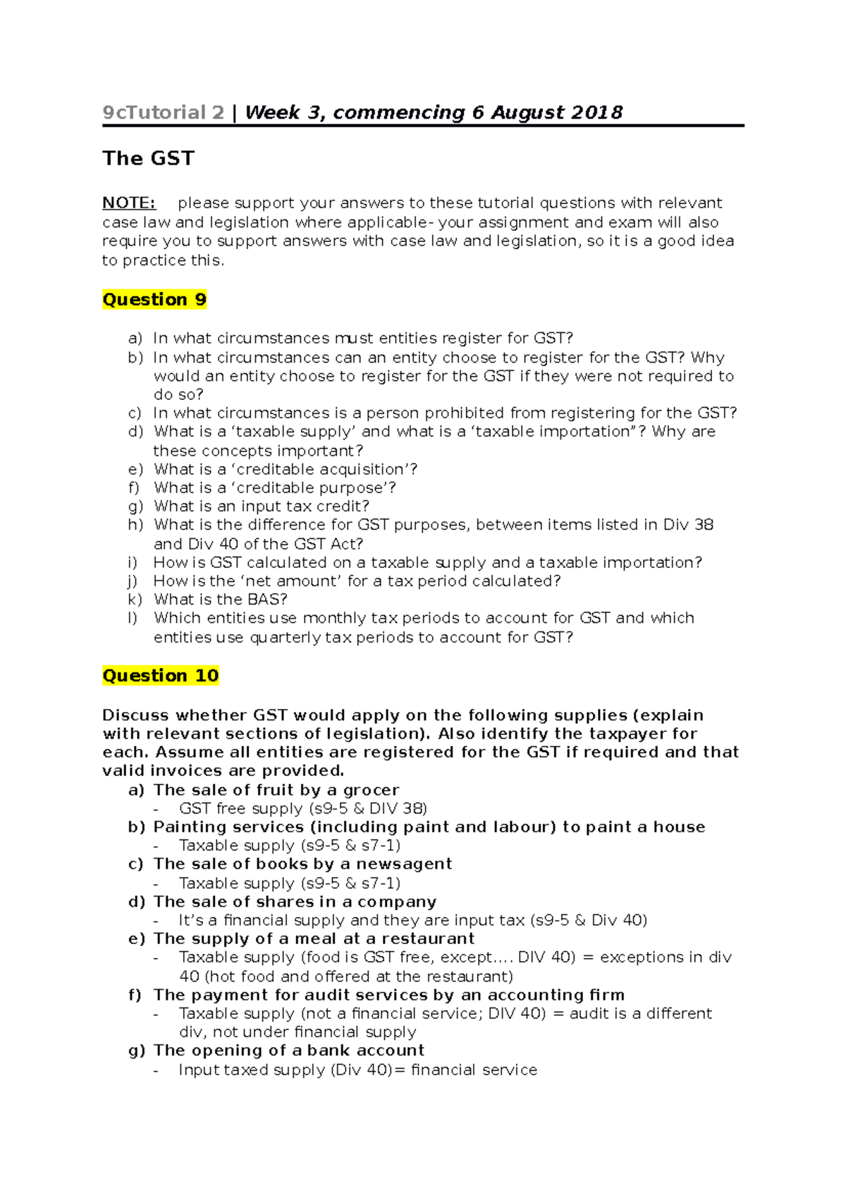 GST Tutorial 2 Solutions: Key Questions & Answers on GST Concepts - Studocu