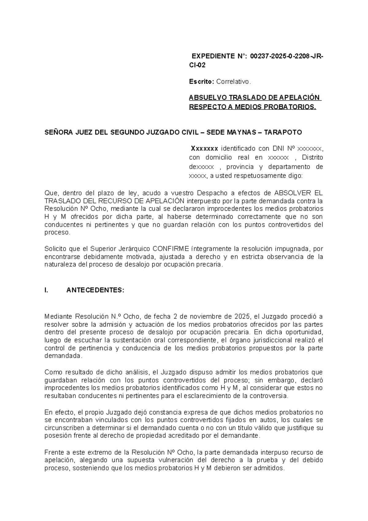 Modelo de Absolución de Apelación en Proceso Civil - Studocu