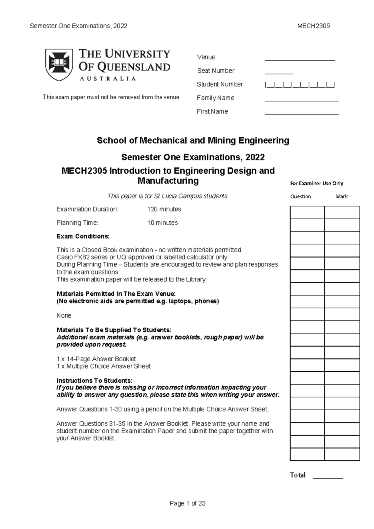 Semester One Final Exam 2022 MECH2305: Engineering Design ...
