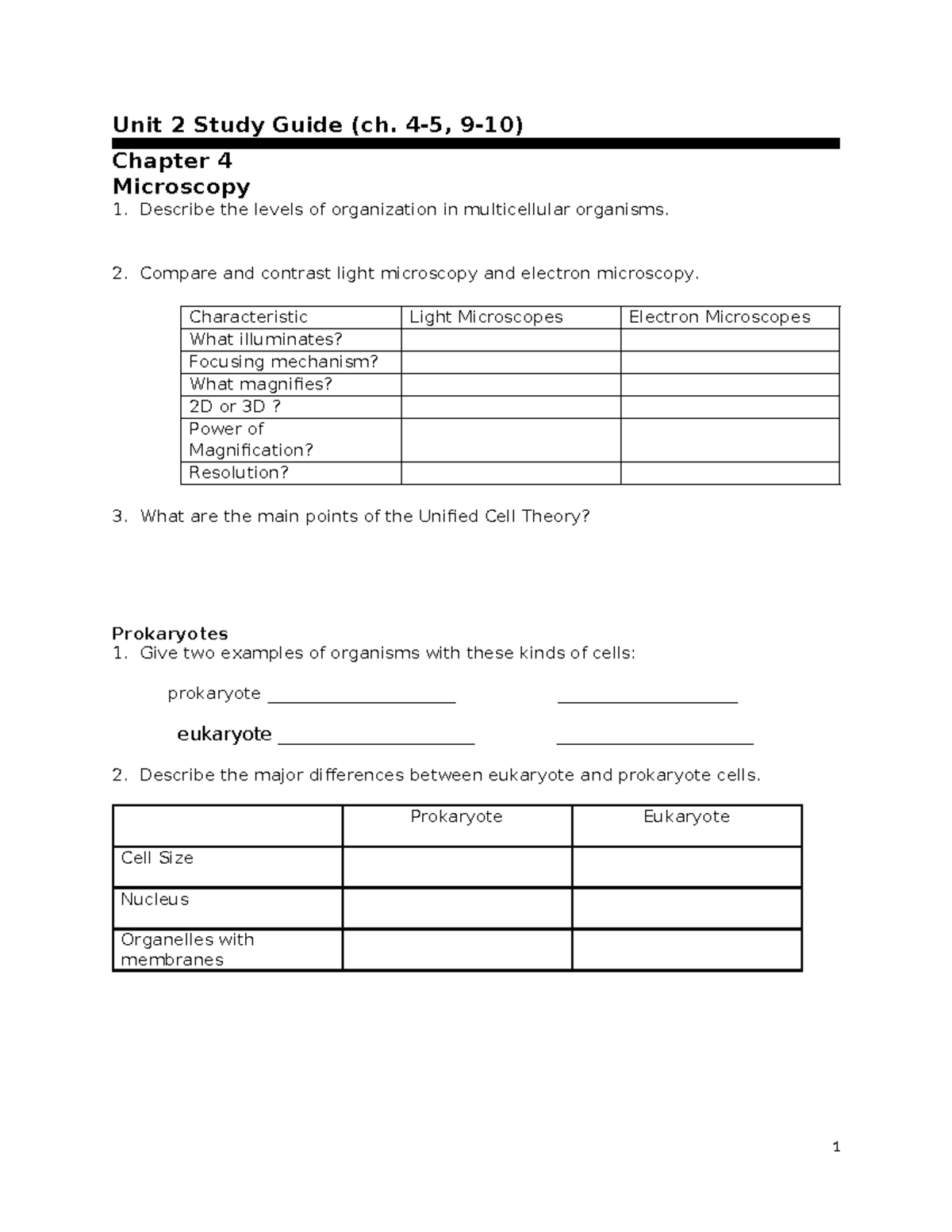 Unit 2 Study Guide: Microscopy & Cell Structure (Ch. 4-5, 9-10) - Studocu