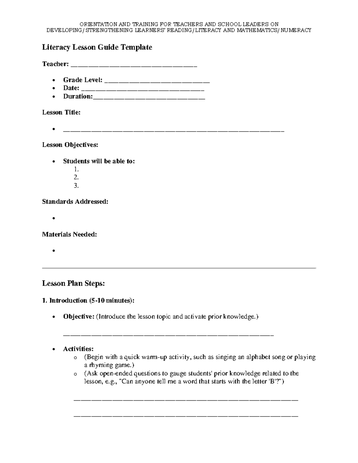 Literacy & Numeracy Lesson Guide Template for Teachers - Studocu
