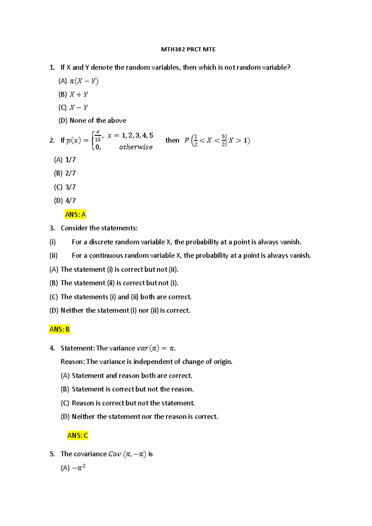 Practice MCQ for MTH302 PRCT MTE 1 on Random Variables and Statistics ...