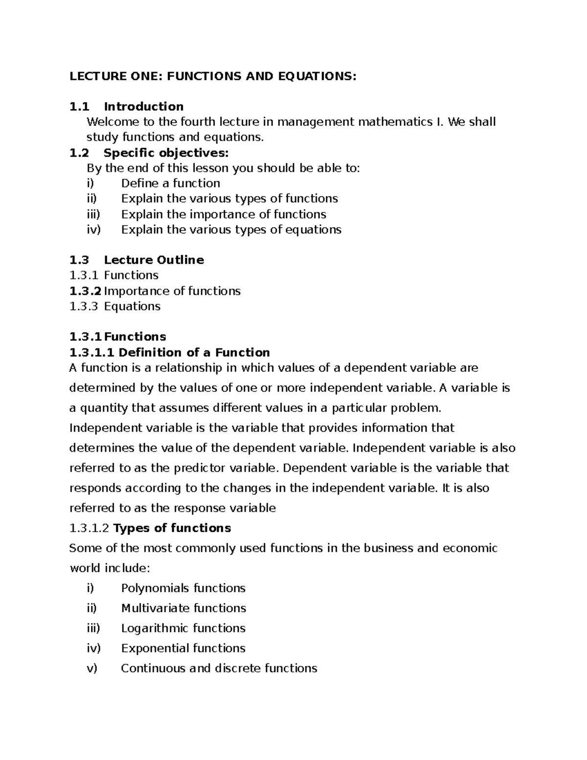 Functions and Equations in Management Mathematics I: Lecture 1 - Studocu