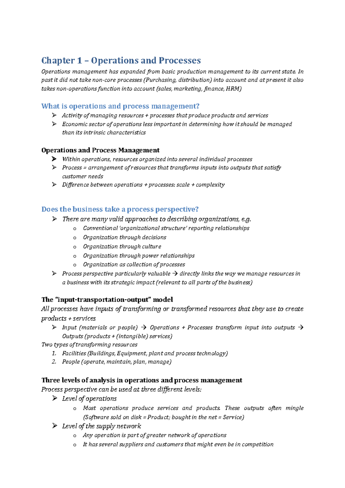 Operations and Process Management Summary for Exam (Course Code: OPM ...