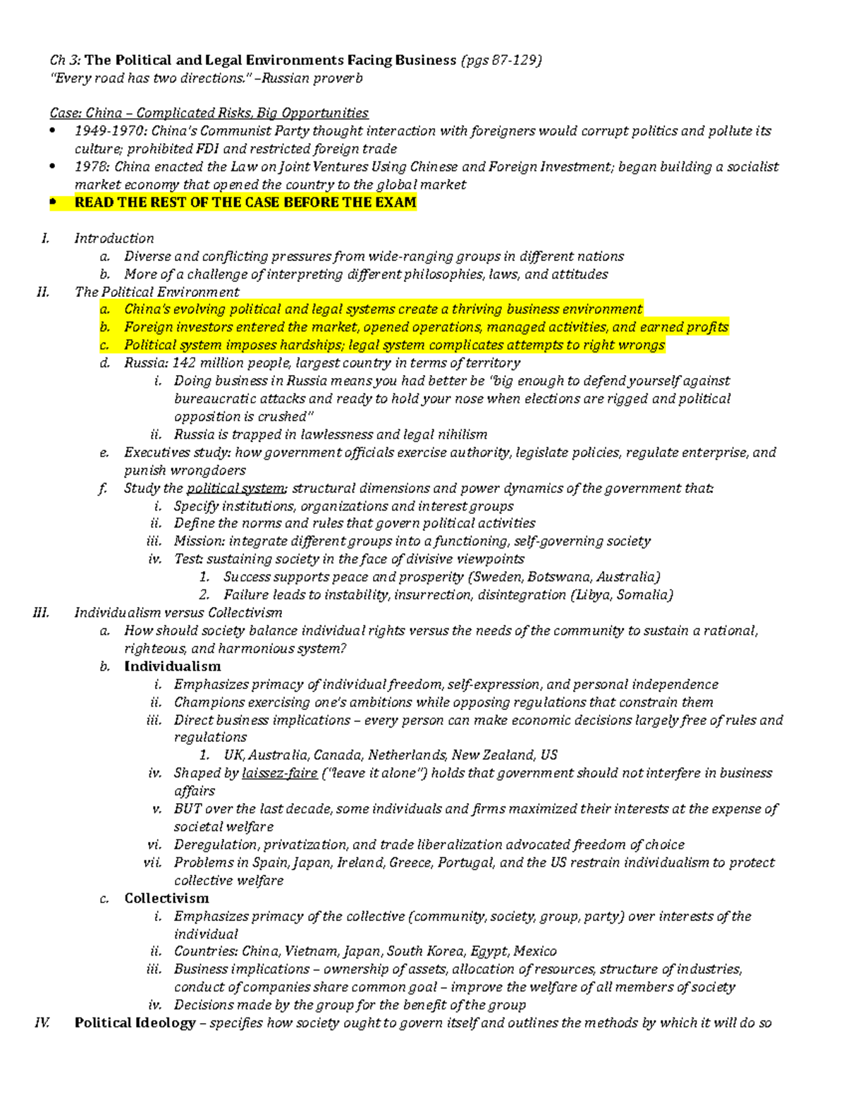 D270 Ch 3 Notes - Summary International Business - Ch 3: The Political ...