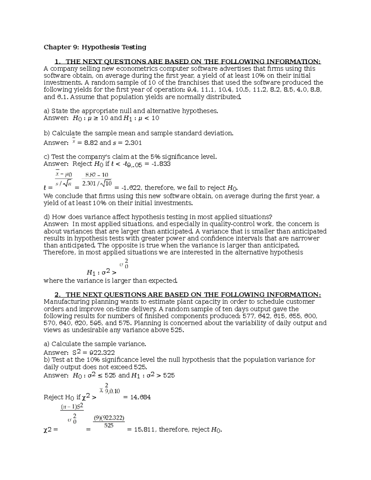Chapter 9: Hypothesis Testing Exercises with Solutions - Studocu