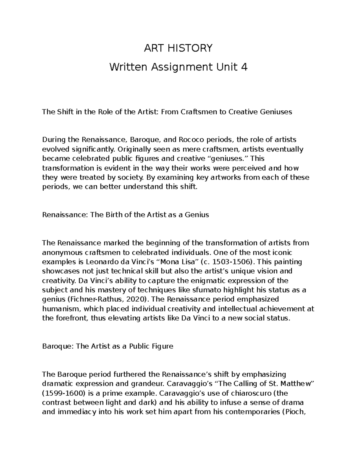 AHIST 1401 WAUnit 4 - Unit 4 Written Assignment - ART HISTORY Written ...