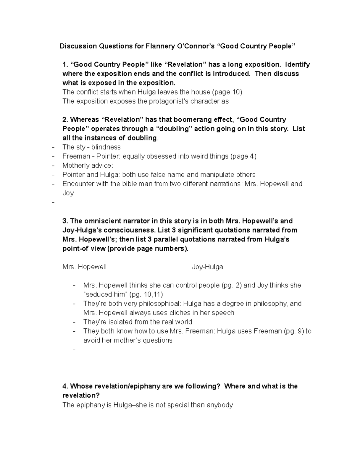 Discussion Questions for O'Connor's 