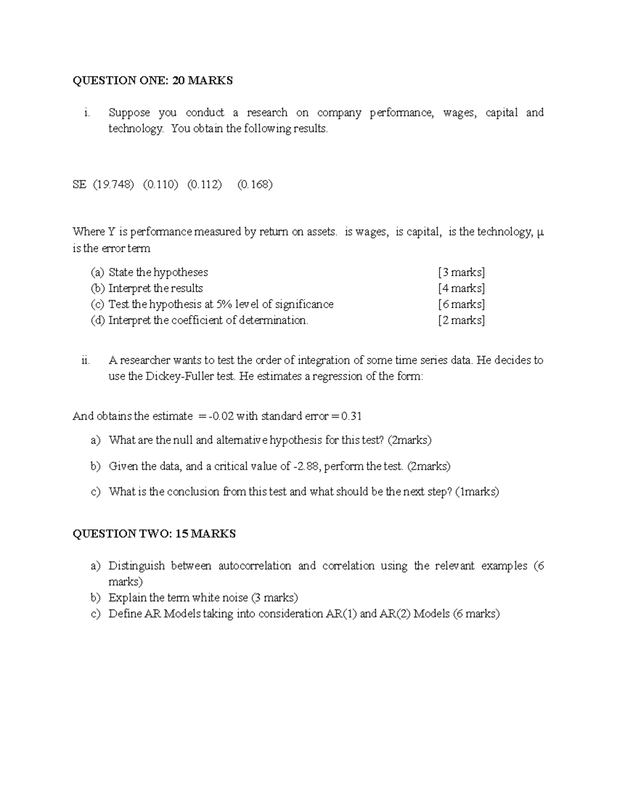 Final Exam2 - Econometrics: Test Questions and Analytical Solutions ...