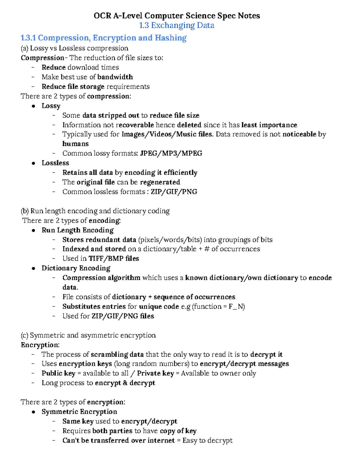 OCR A-Level Comp Sci Spec Notes 1.3: Data Exchng, Compress & Encryption ...