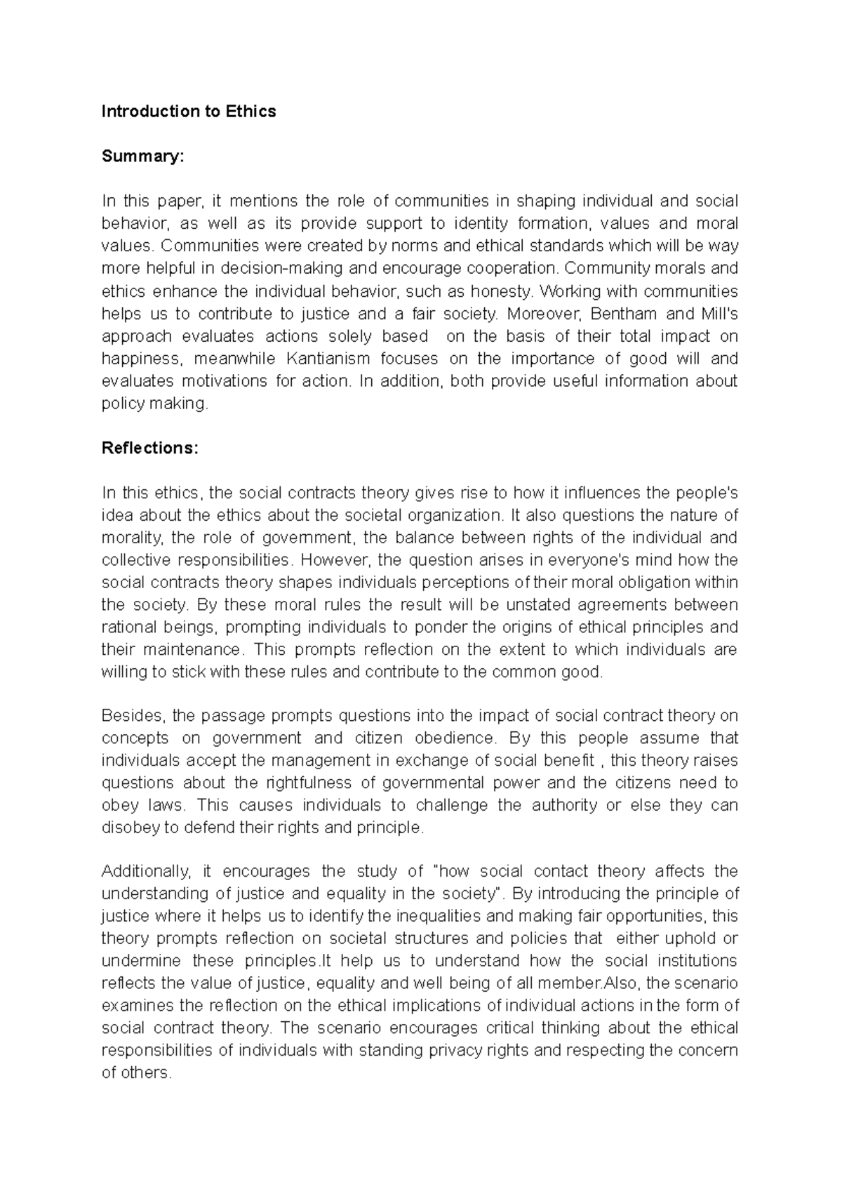 ETH101: Reflection on Community Ethics and Social Contract Theory - Studocu