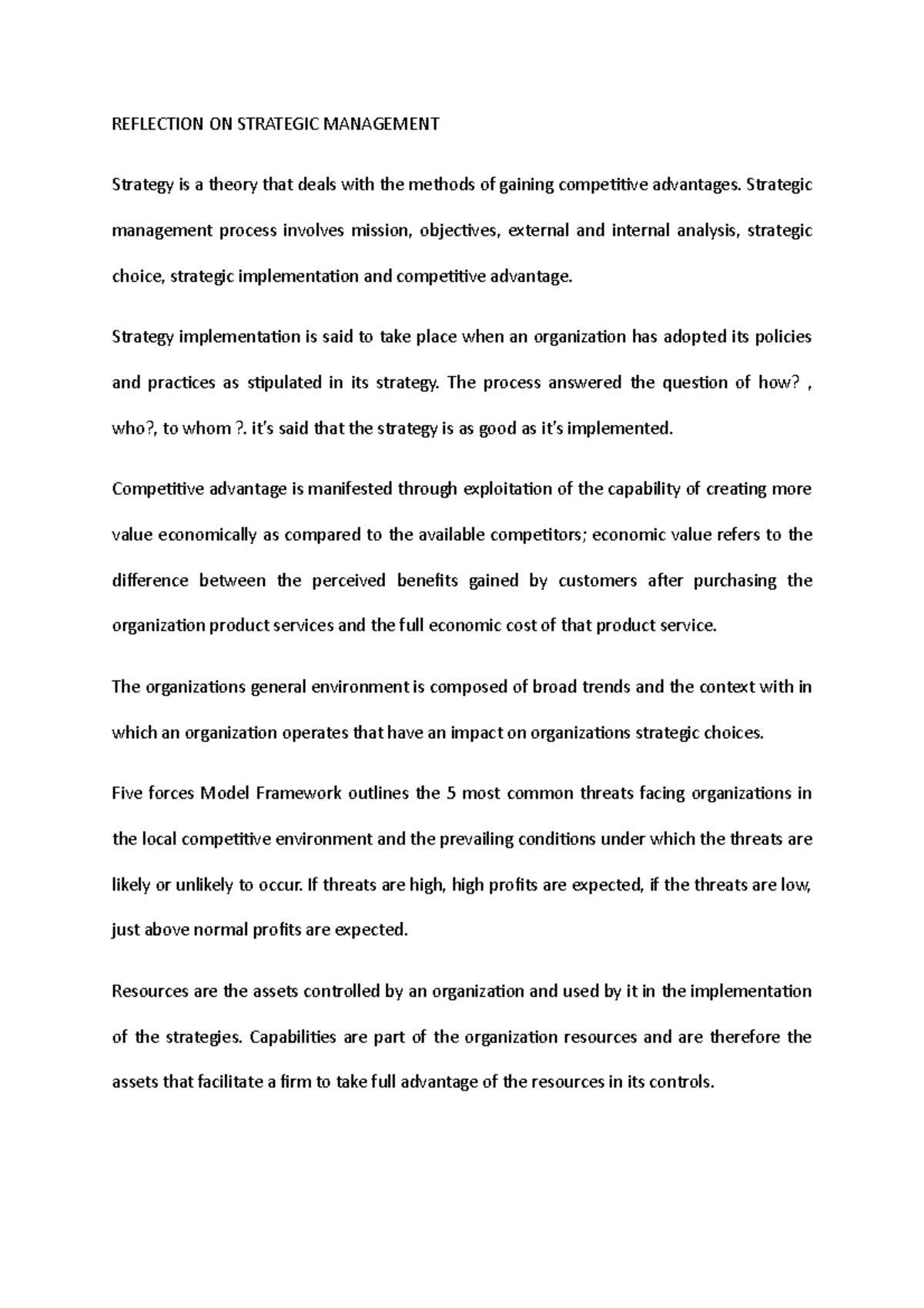 Reflection ON Strategic Management done and complete - REFLECTION ON ...