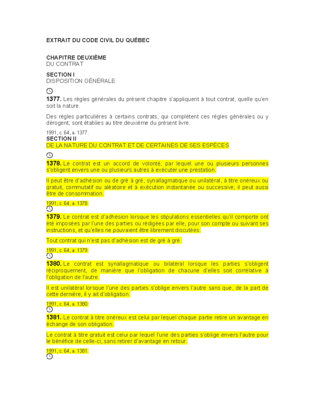 Extrait du Code Civil du Québec - Chapitre sur les Contrats - Studocu