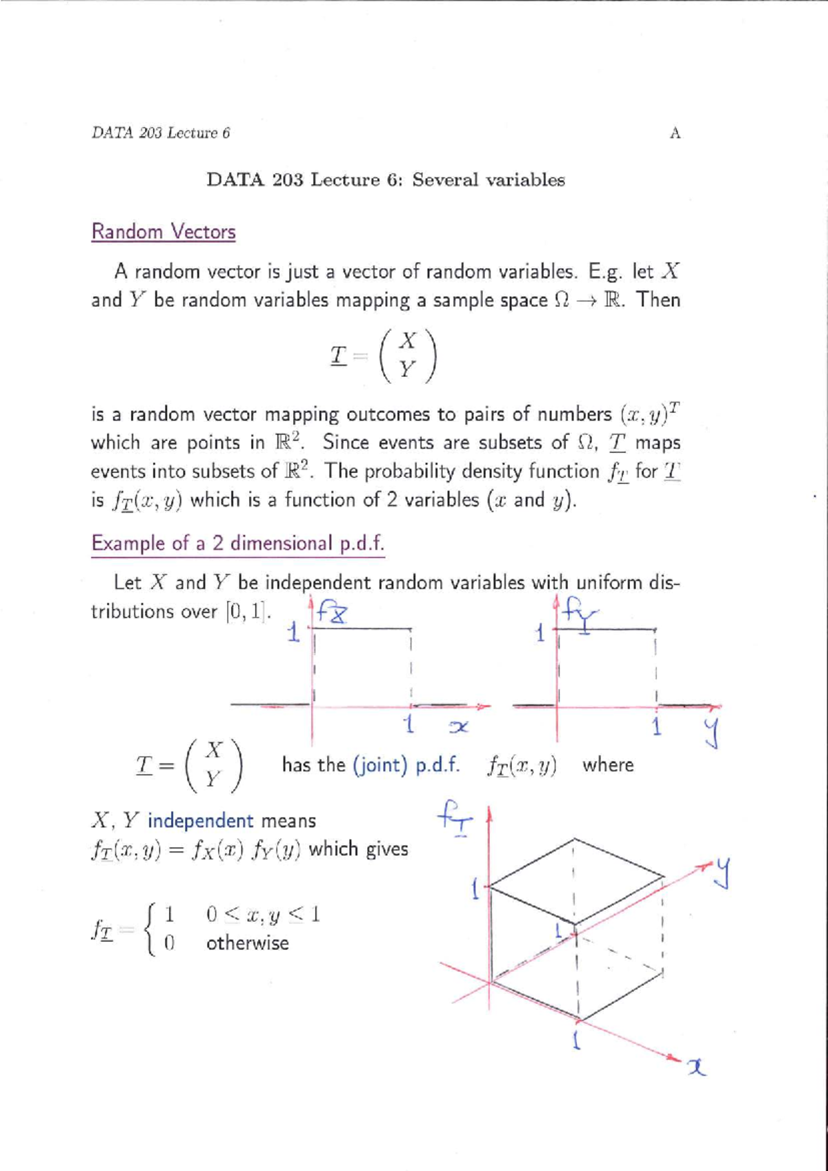 DATA 203 Lecture 6: Understanding Random Vectors and Their PDFs - Studocu