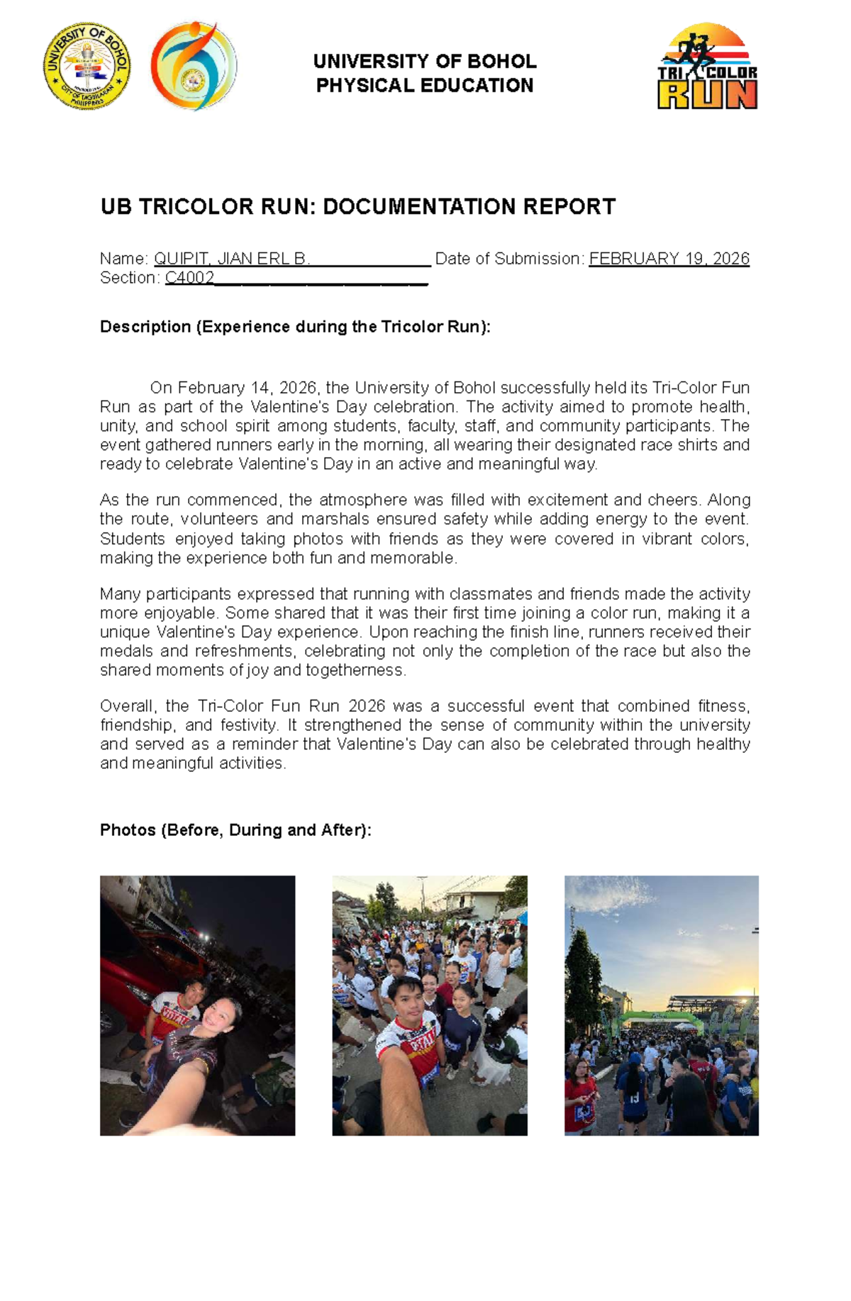 UB Physical Education: Tricolor Run Documentation Report - Studocu