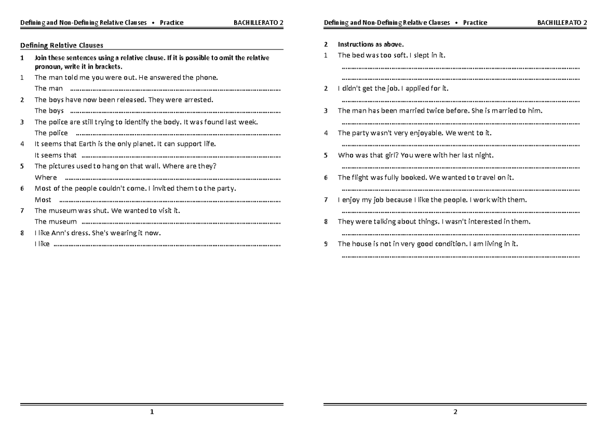 Relative clauses exercise to practice grammar and vocabulary - Defining ...