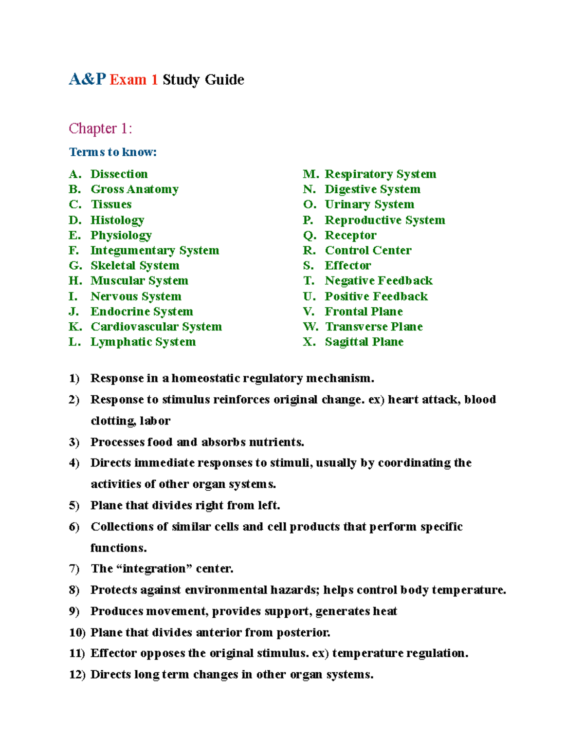 A&P 1 - study guide for exam 1 - A&P Exam 1 Study Guide Chapter 1 ...