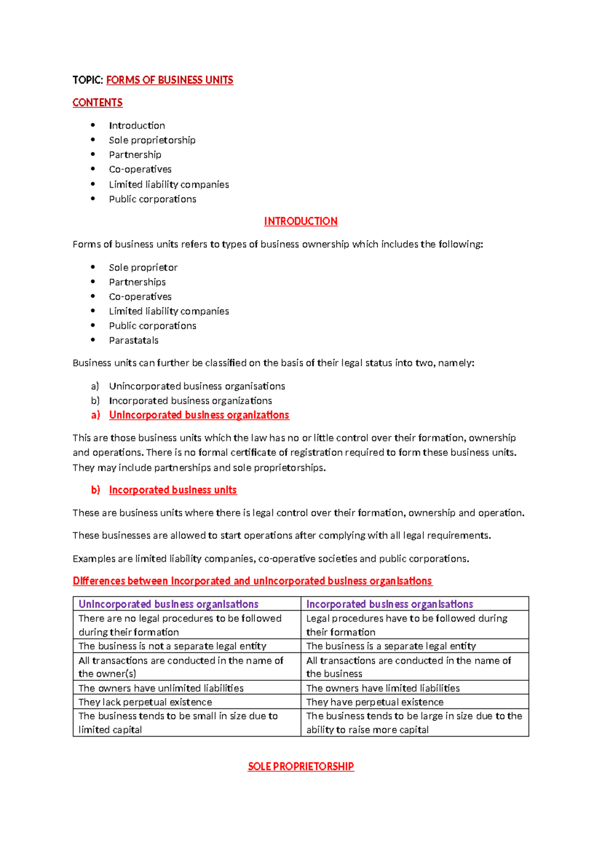 BS 2 Lesson Notes: Forms of Business Units Explained - Studocu