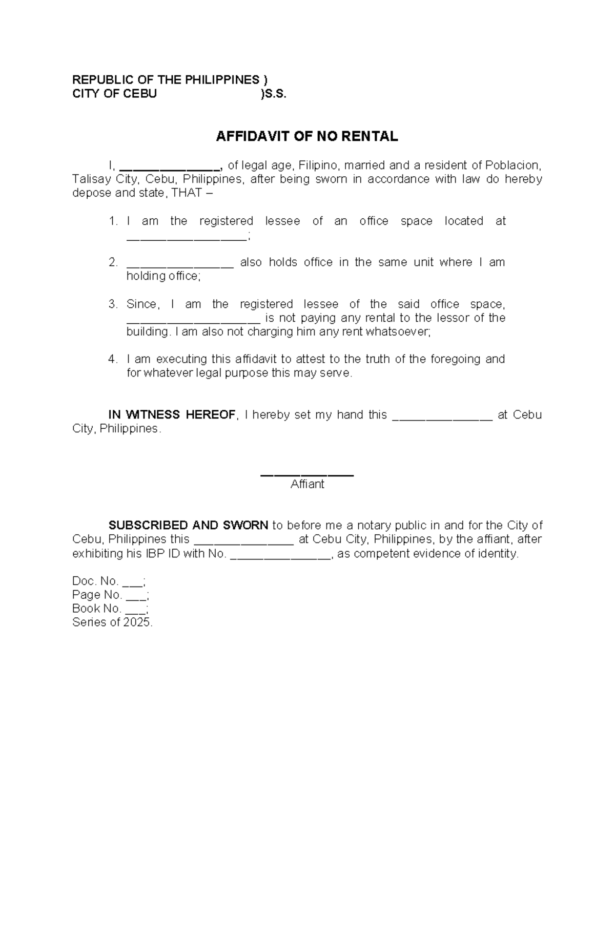 Affidavit of No Rental Agreement in Cebu, Philippines - Studocu