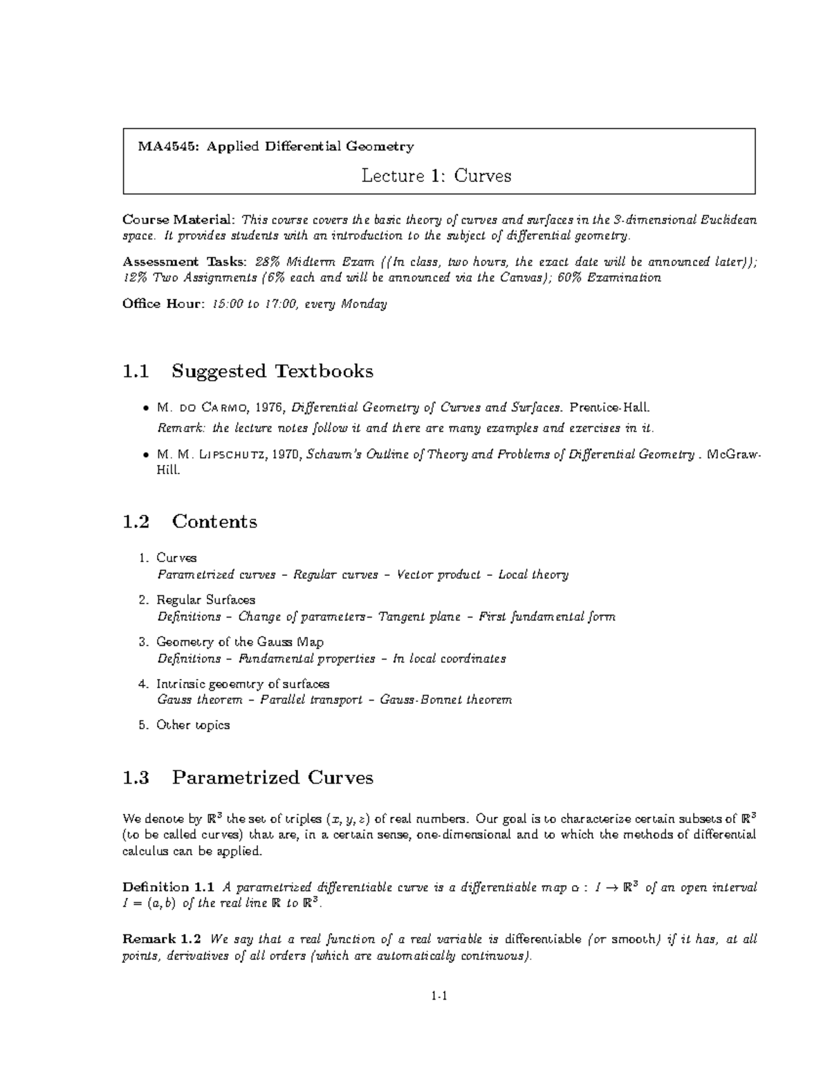 MA4545: Applied Differential Geometry Lecture 1 - Curves Notes - Studocu