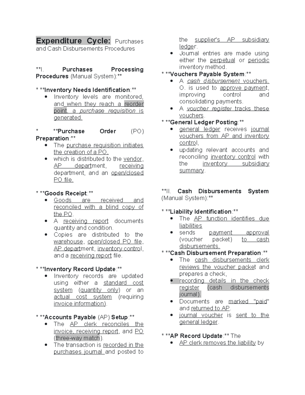 AIS- Final Exam Notes: Expenditure Cycle & Cash Disbursement Procedures ...
