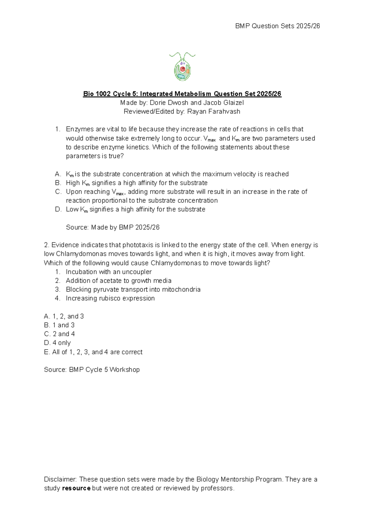 BIO 1002 Cycle 5 BMP Integrated Metabolism Question Set 2025 - Studocu