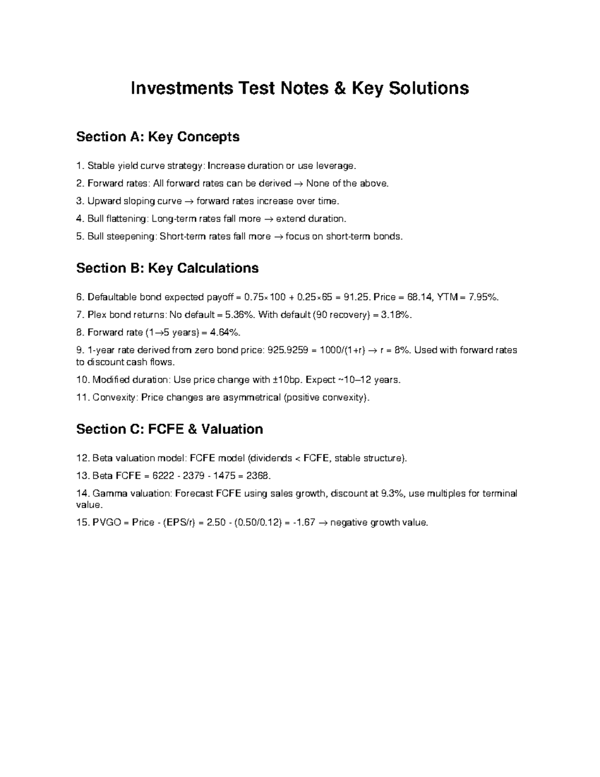 Investments Test Notes: Key Concepts & Calculations - Studocu