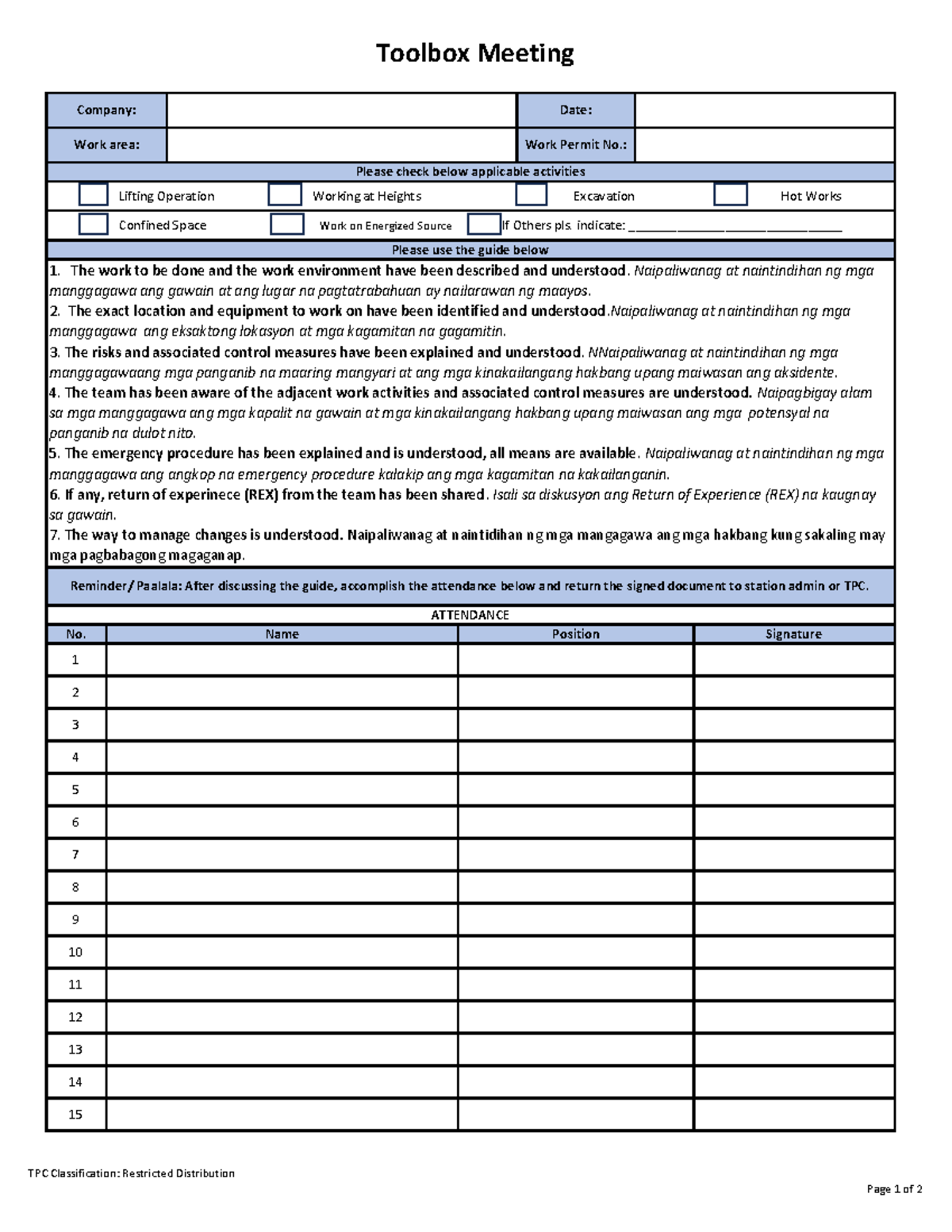 Toolbox Meeting Form Sample: Attendance & Safety Guidelines - Studocu