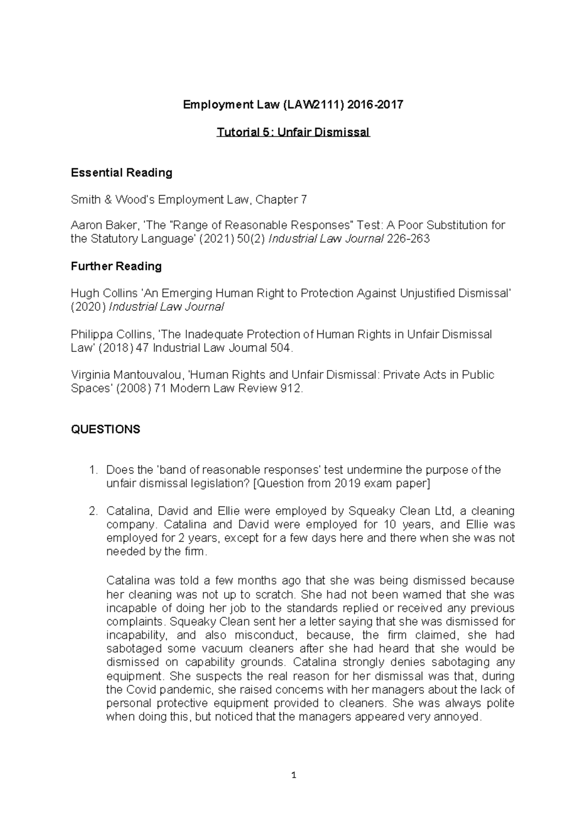 LAW2111 Tutorial 5: Analyzing Unfair Dismissal Cases and Rights - Studocu