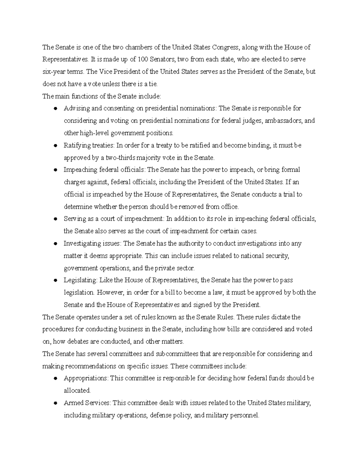 Lecture Notes on the U.S. Senate: Structure and Functions - Studocu