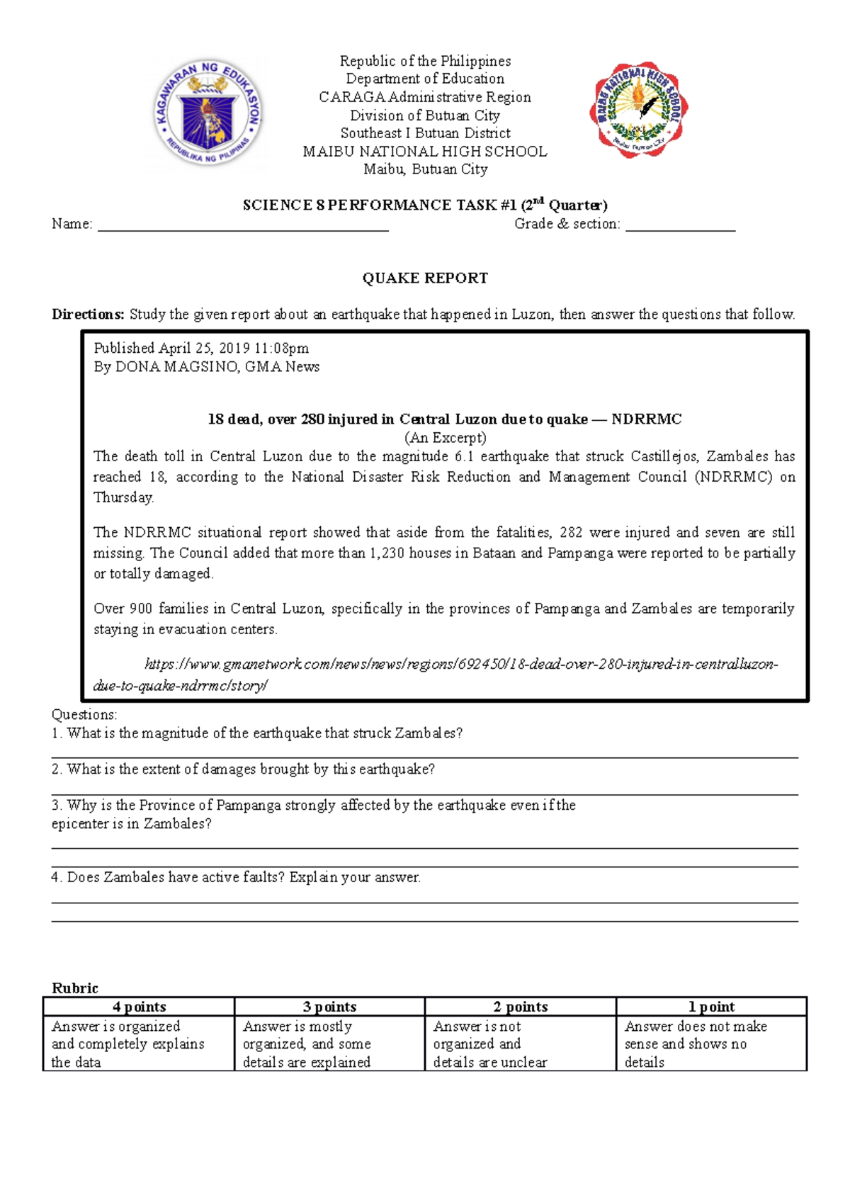 Science 8 Performance Task: Understanding Earthquakes (2nd Quarter ...