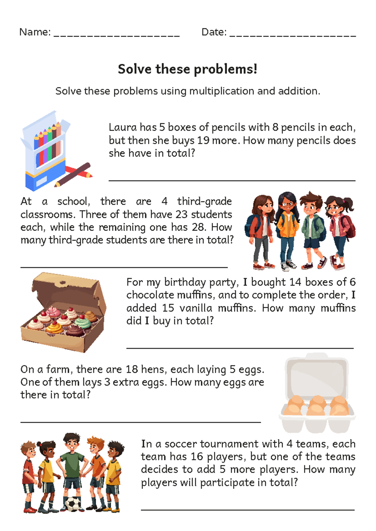 Multiplication and Addition Word Problems - 3rd Grade Worksheet - Name