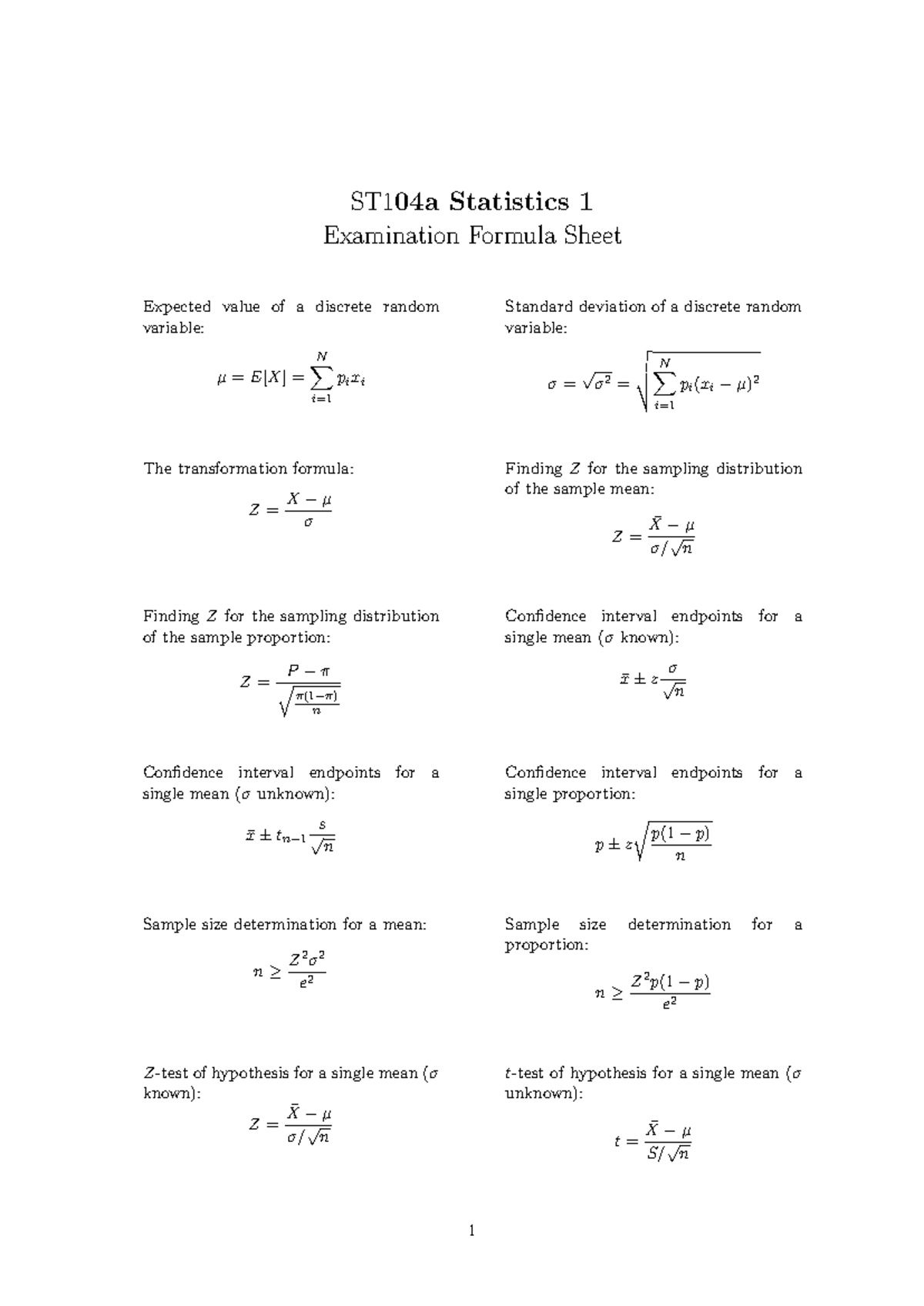 ST104a Statistics 1 Exam Formula Sheet for Discrete Variables - Studocu