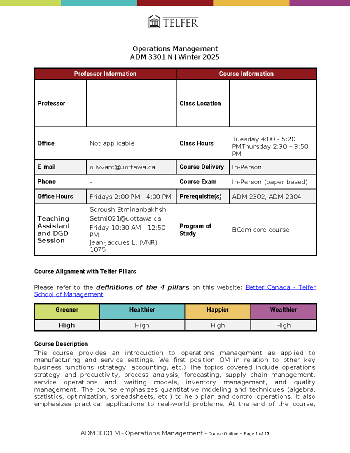 Syllabus for Operations Management ADM 3301 N - Winter 2025 - Studocu