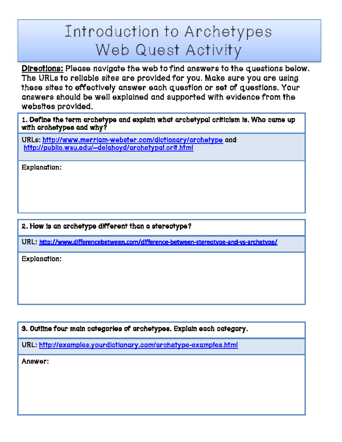 Web Quest: Introduction to Archetypes Activity Directions - Studocu