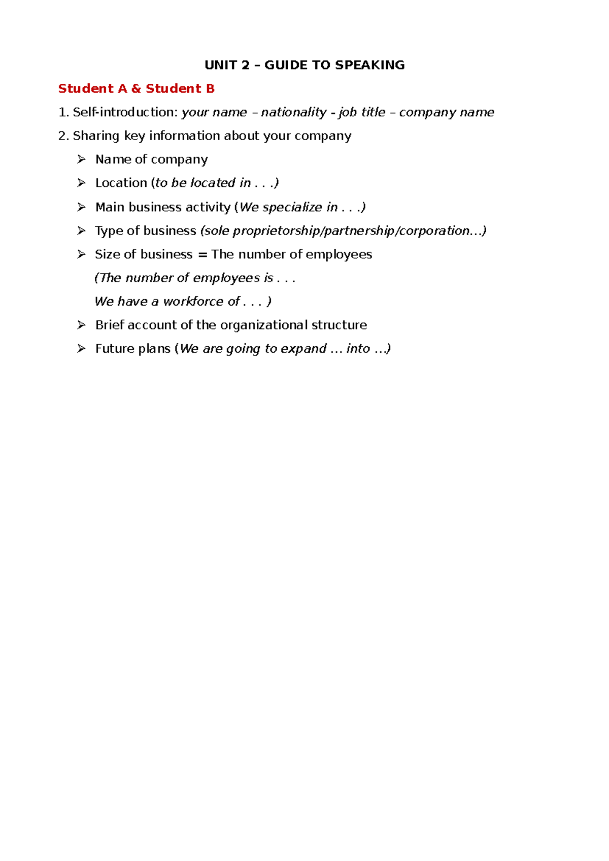 UNIT 2 - Guide TO Speaking - UNIT 2 – GUIDE TO SPEAKING Student A ...
