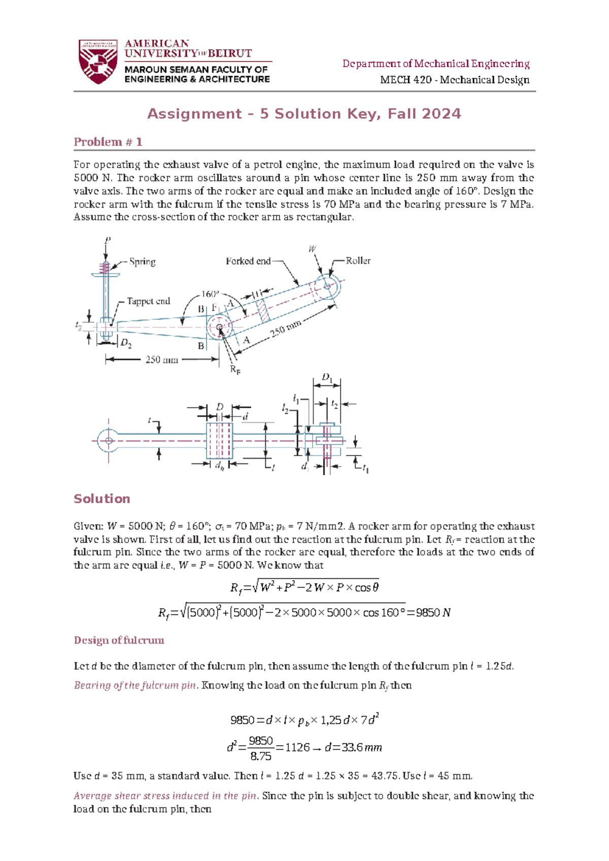 MECH 420 Mechanical Design Assignment 5 Solution Key, Fall 2024 - Studocu