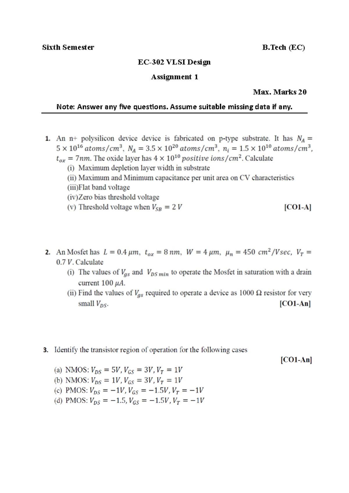 Sixth Semester B.Tech (EC) VLSI Design Assignment 1 Analysis - Studocu