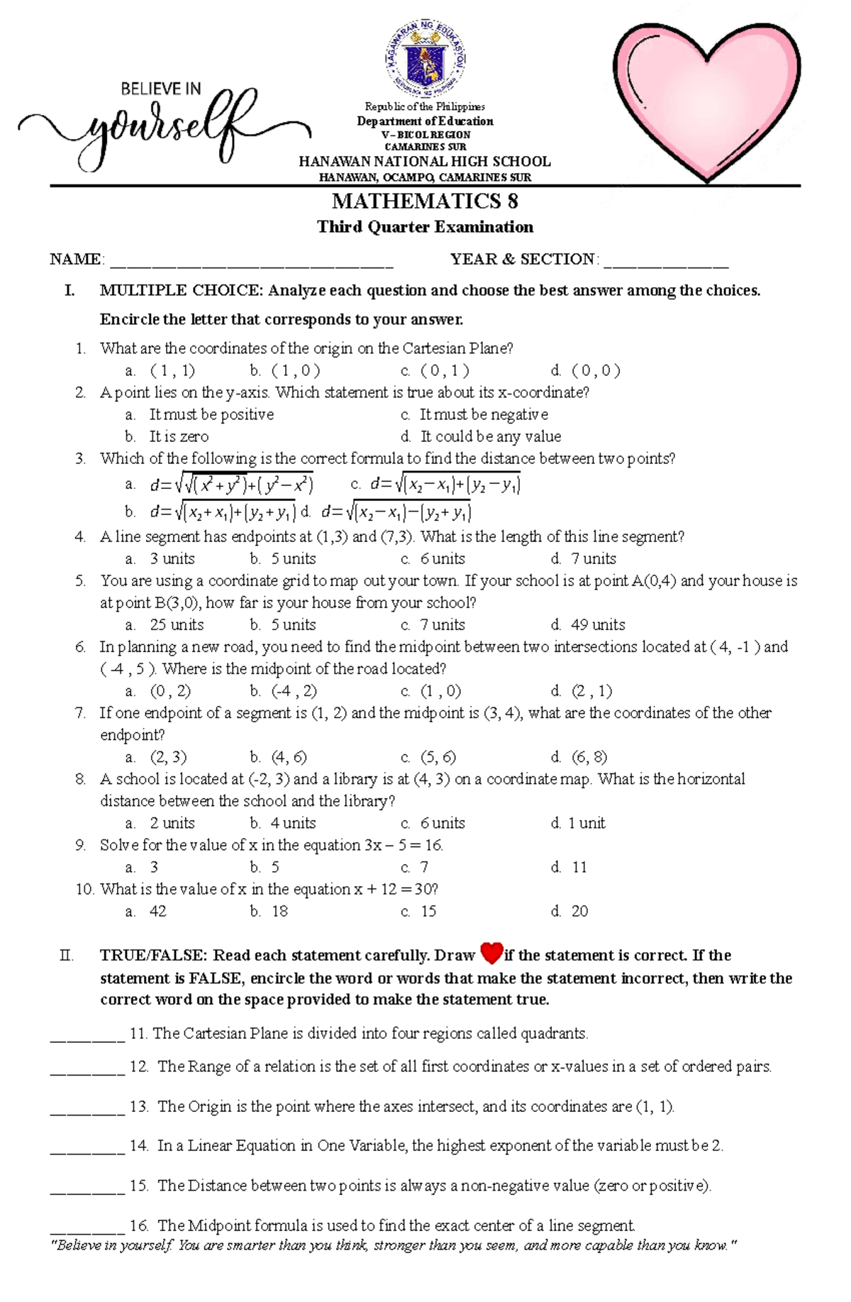Q3 EXAM - MATH 8 (2025-2026) - Multiple Choice & Problem Solving - Studocu