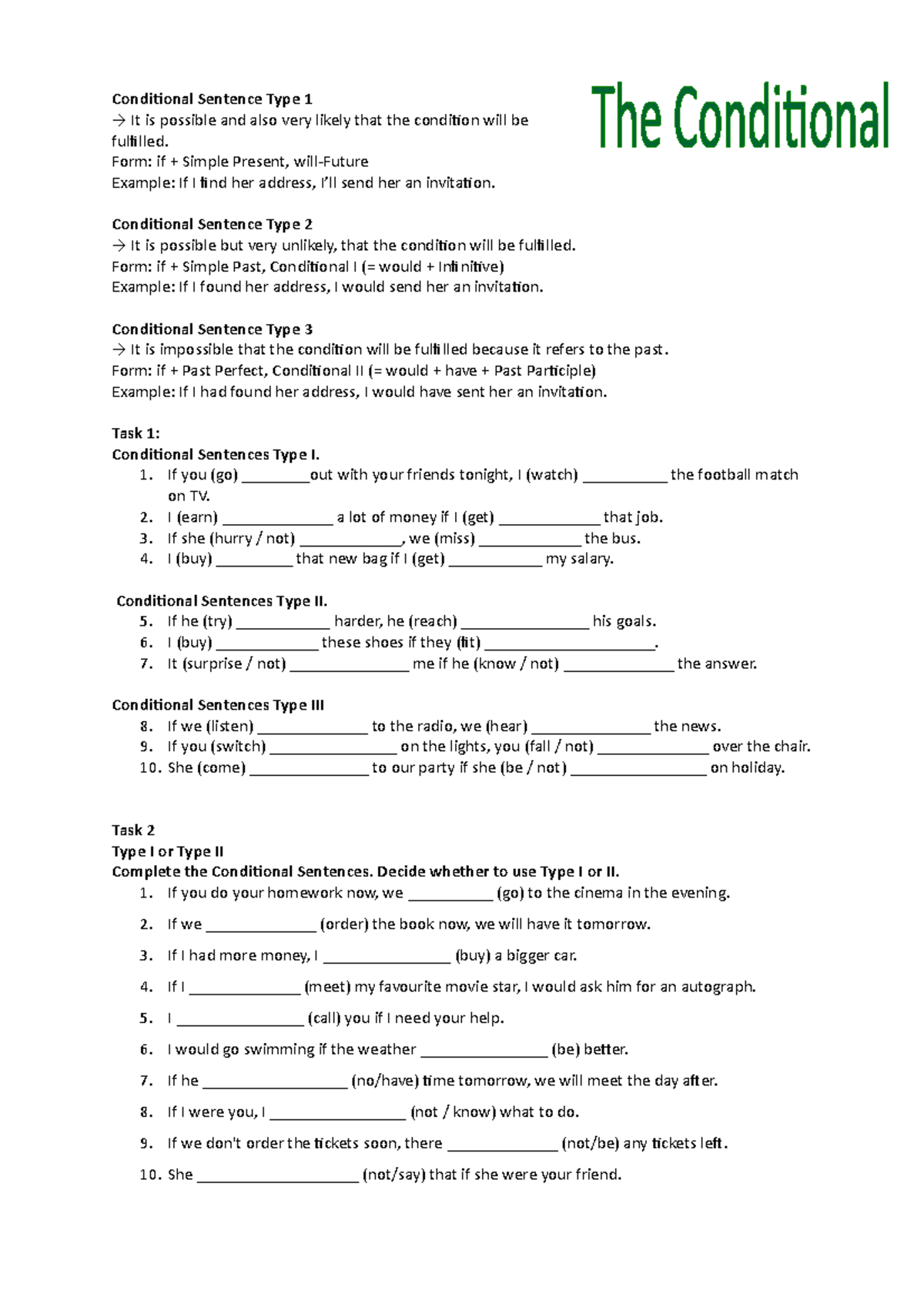 Conditional Sentences Types 1, 2 & 3: Exercises and Examples - Studocu