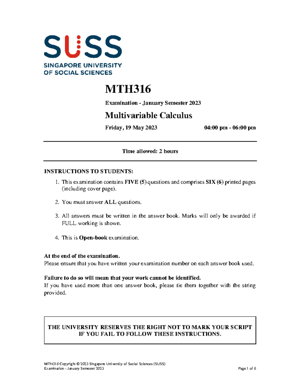 MTH316 Jan 2023 Final Exam Paper on Multivariable Calculus - Studocu
