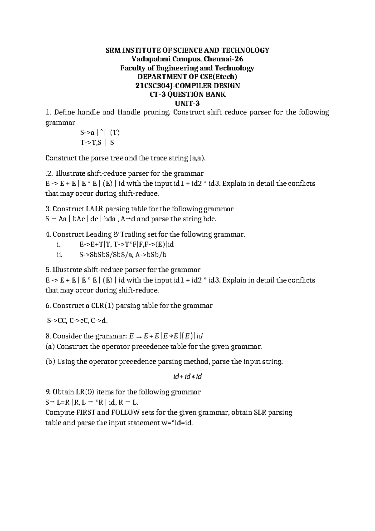 CSE(Etech) Design Question Bank: Parsing Techniques and Code Generation ...