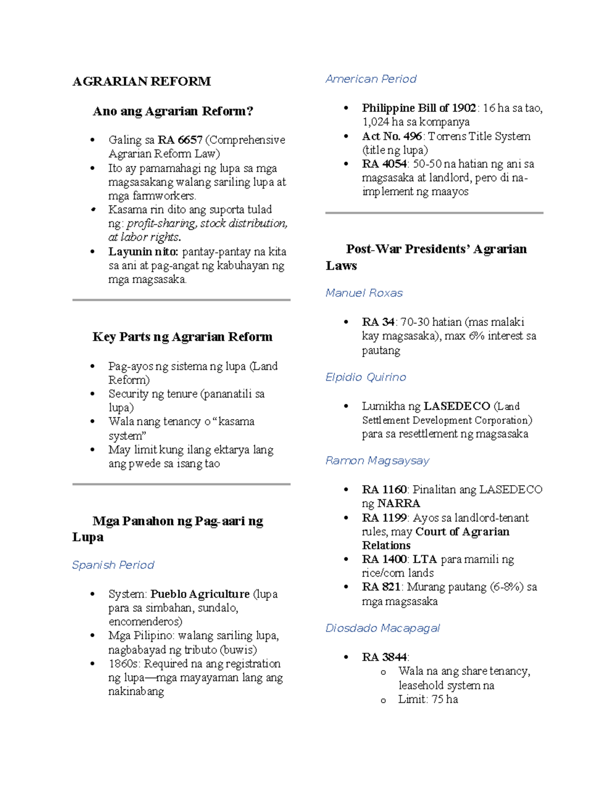AGRARIAN REFORM: Key Laws and Historical Overview (RPH-10) - Studocu