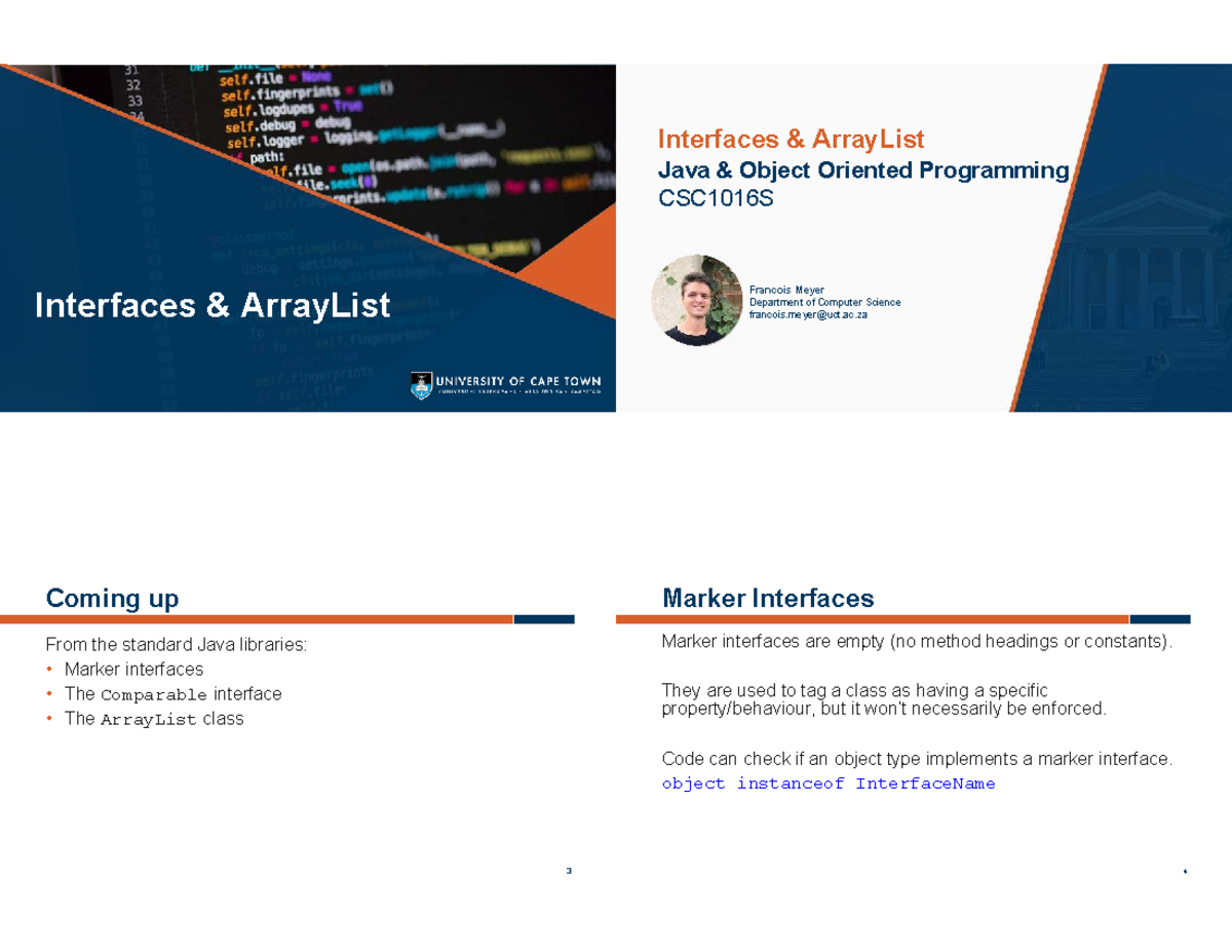 Interfaces & ArrayList in Java OOP - CSC1016S Lecture Notes - Studocu