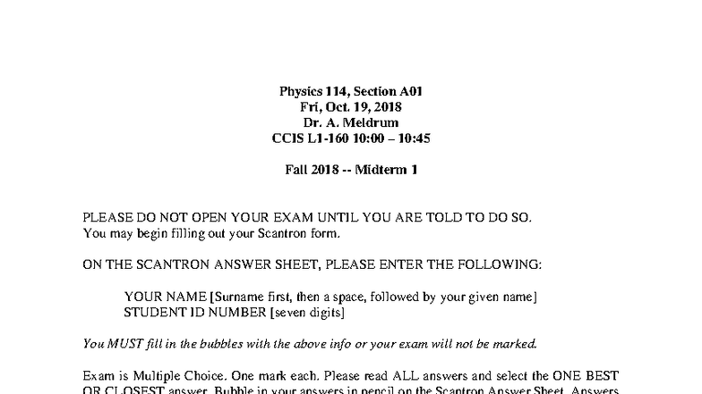 Physics 114 Fall 2018 Midterm 1 Exam Instructions and Questions - Studocu