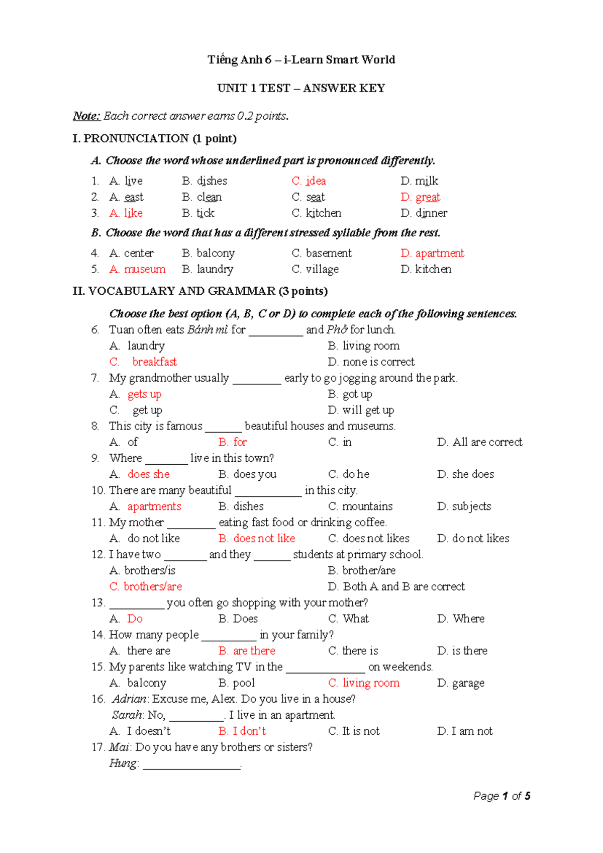 Tiếng Anh 6 Smart World - Unit 1 Test - Answer Key&Script - Tiếng Anh 6 ...