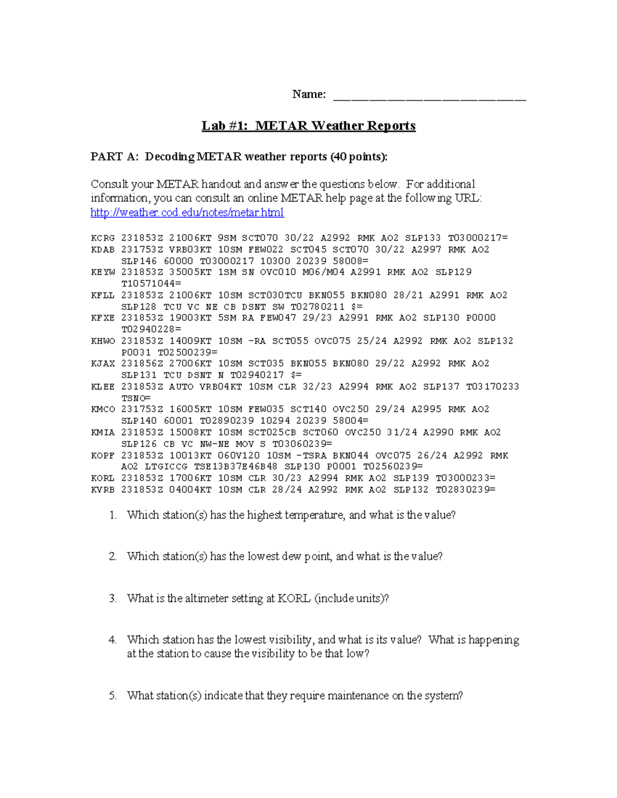 Lab METAR Weather Reports: Decoding & Analysis (METAR 101) - Studocu