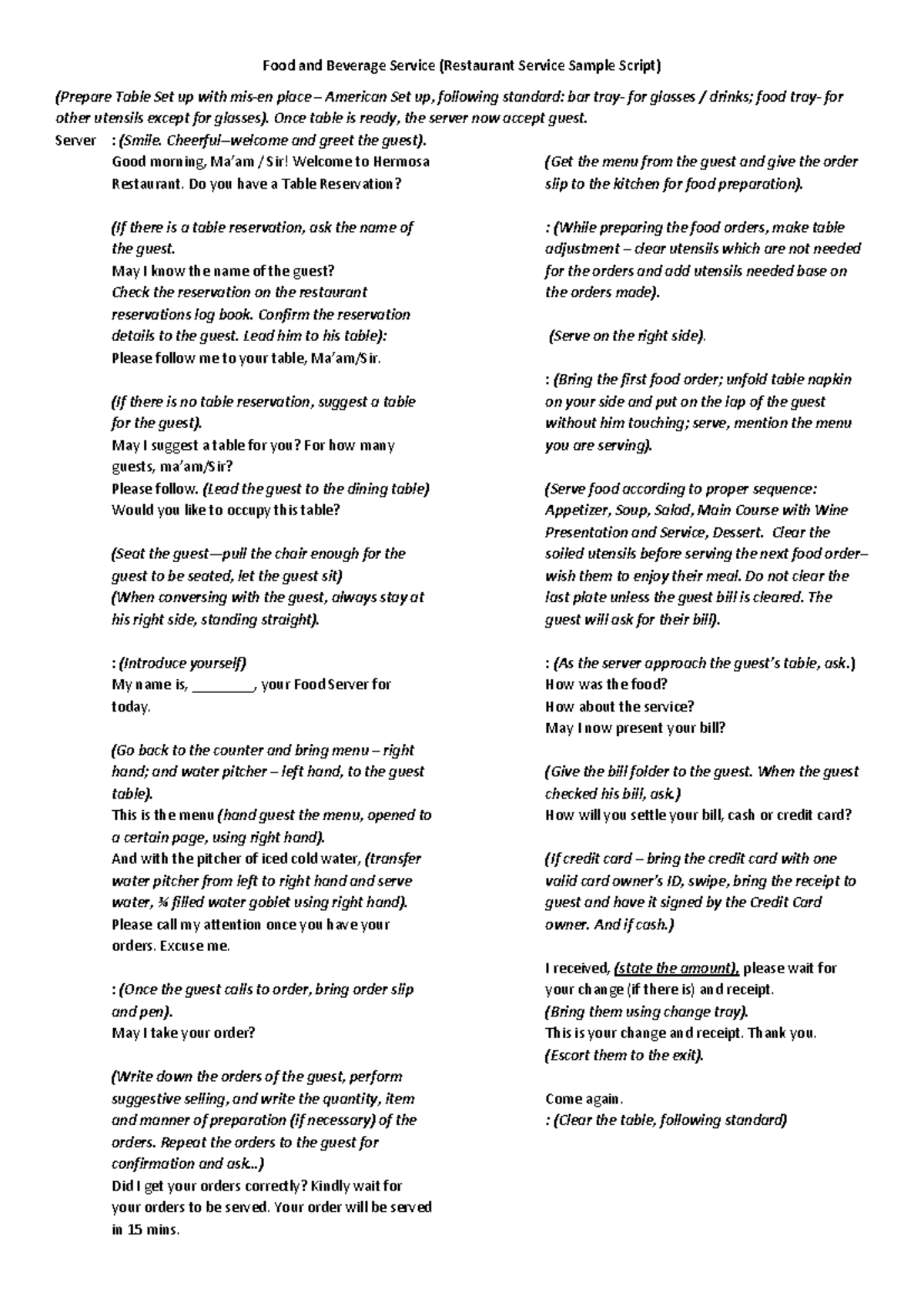 Restaurant and room service - Food and Beverage Service (Restaurant ...