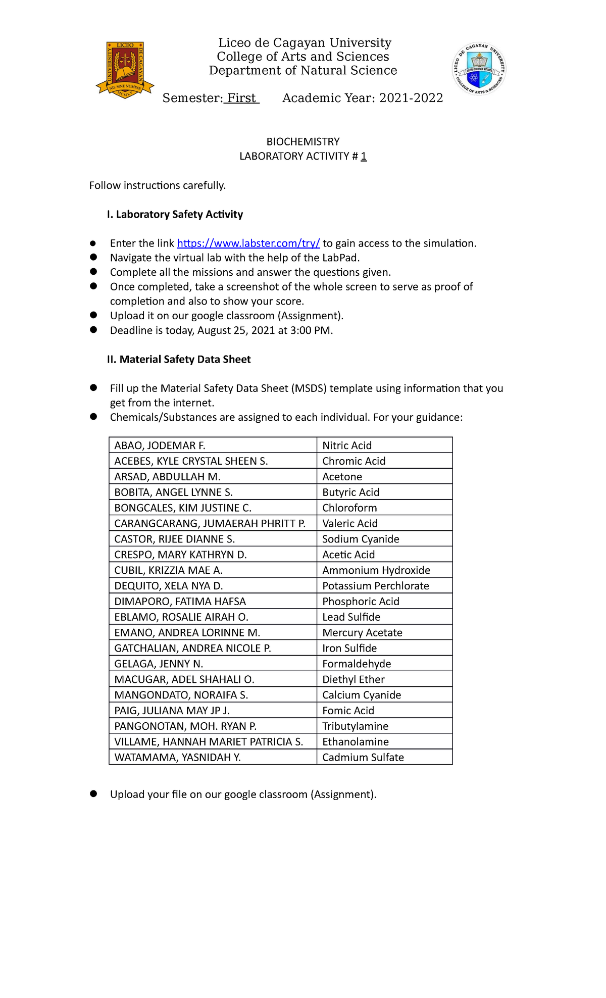 Lab Act 1A 1B - Laboratory Activity for Lab Safety. - Liceo de Cagayan ...